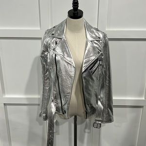 Dang Goodman Tripp NYC Silver Faux Leather Moto Jacket, M